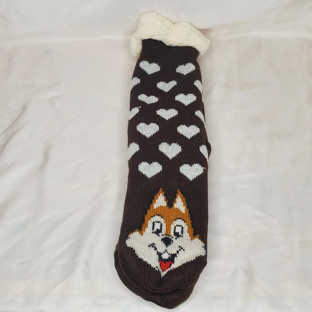 ◇ Sherpa Slipper Socks Brown with White Hearts Non Slip